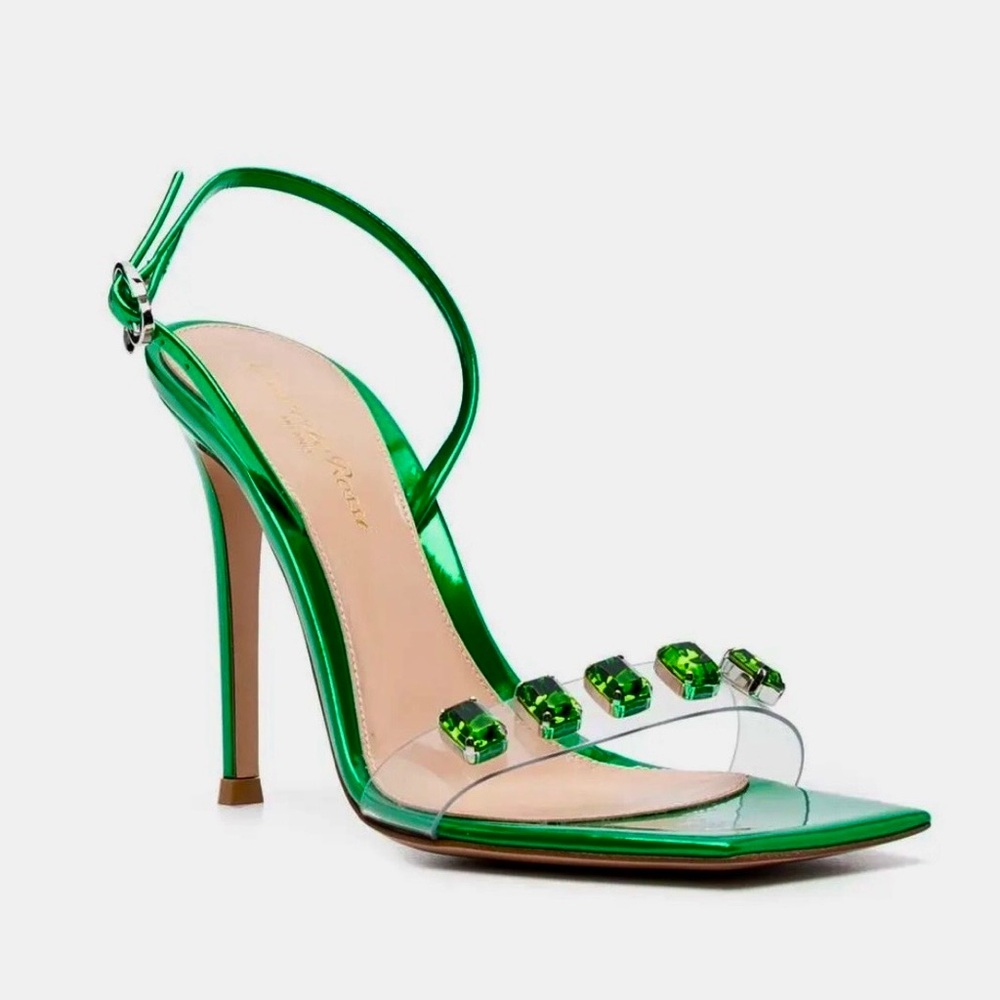 GIANVITO ROSSI RIBBON CANDY 105 MM HIGH HEEL SANDALS IN EMERALD GREEN